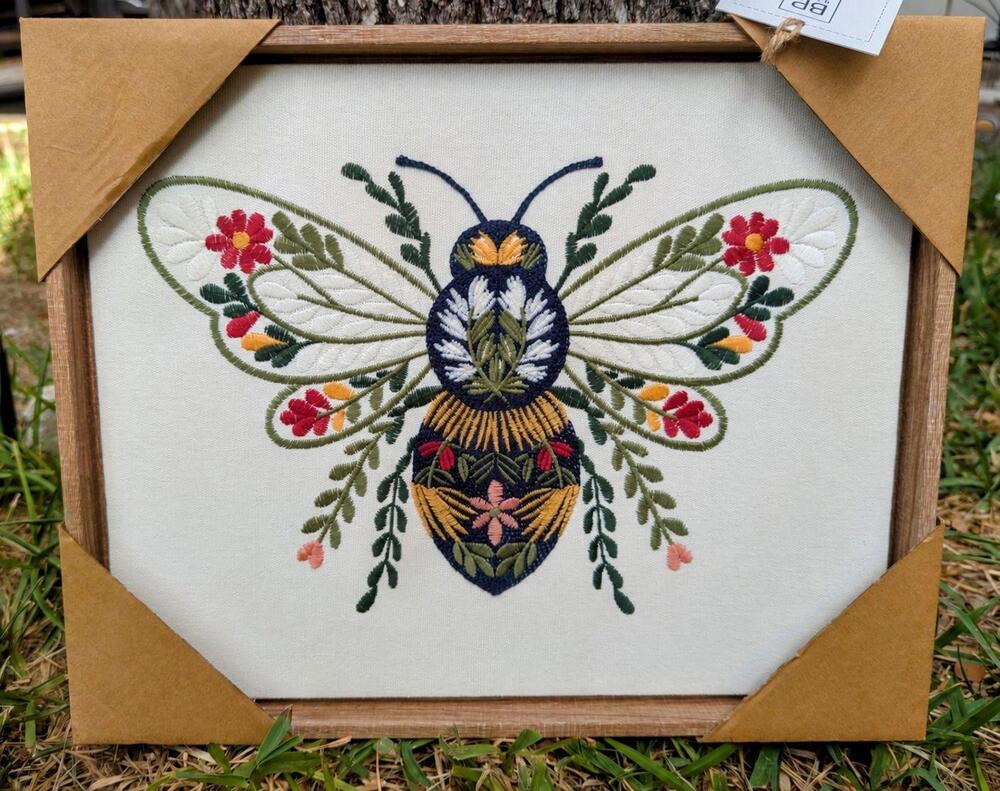 BP Home Embroidered Bee Floral Wall Art 12 X 15 Boho Hippie Decor Apothecary